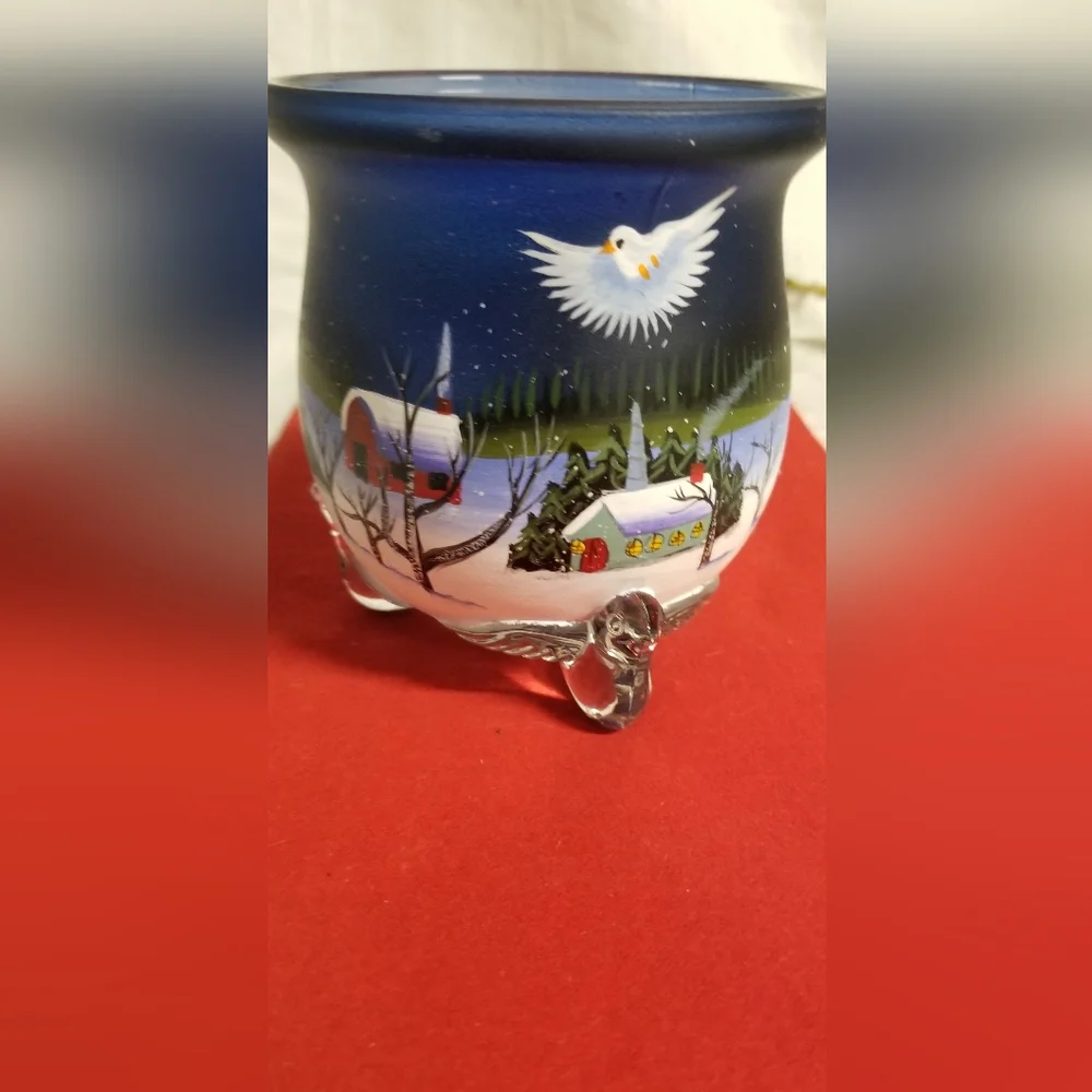 Vintage Votive Winter Scene Hand Painted Glass Candle Holder